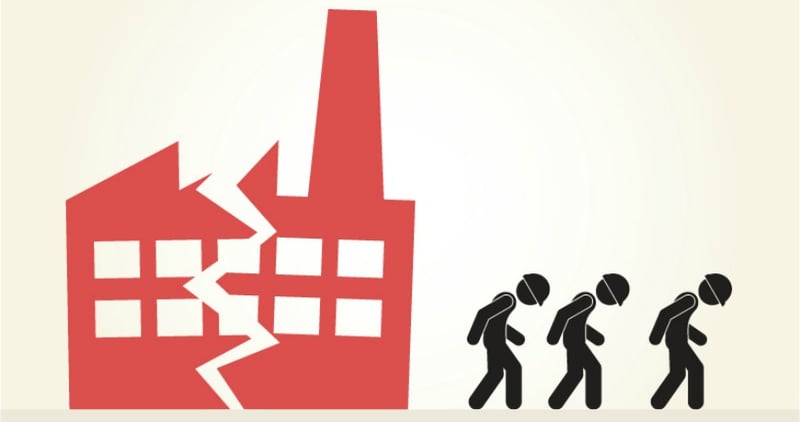 Cartoon image of a fractured factory, with three factory workers leaving 